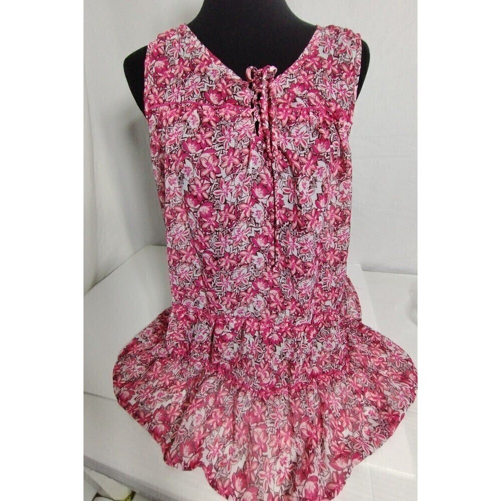 Faded Glory Pink Floral‎ Sheer Blouse with a lace up center Womens Size Med